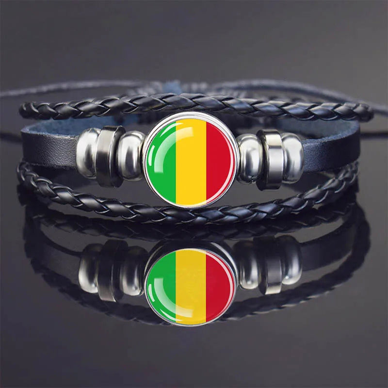 Africa Country Flag Bracelets Men Women Algeria Sudan Tunisia Morocco Flag Glass Dome Black Leather Charm Bangles Punk Jewelry