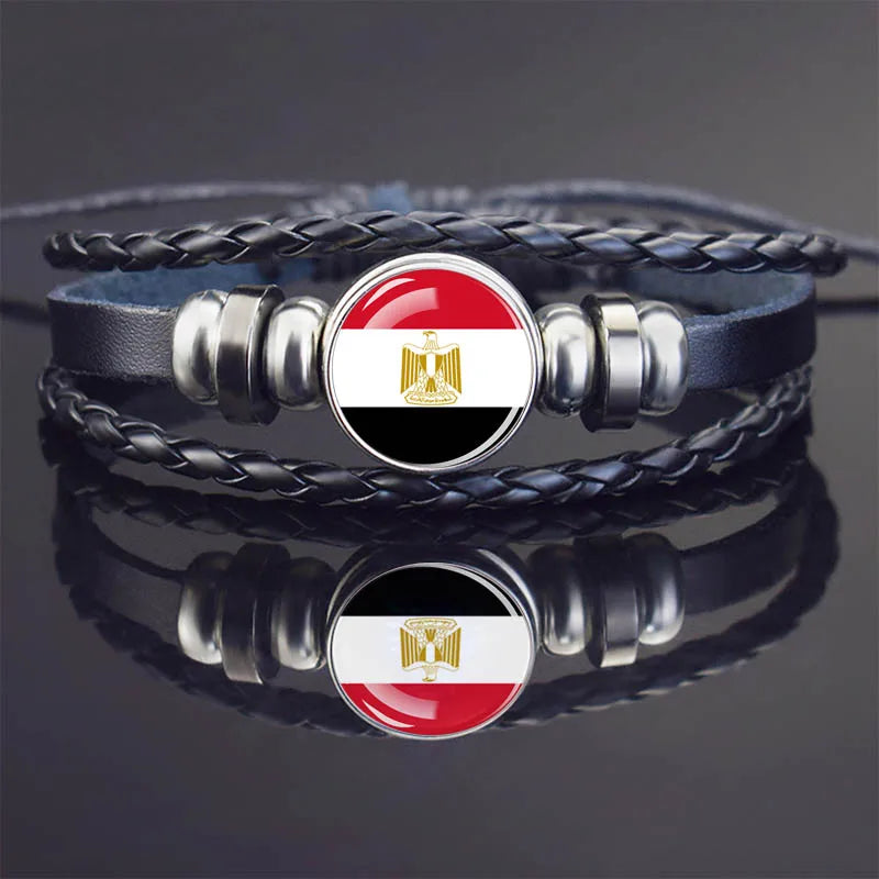 Africa Country Flag Bracelets Men Women Algeria Sudan Tunisia Morocco Flag Glass Dome Black Leather Charm Bangles Punk Jewelry