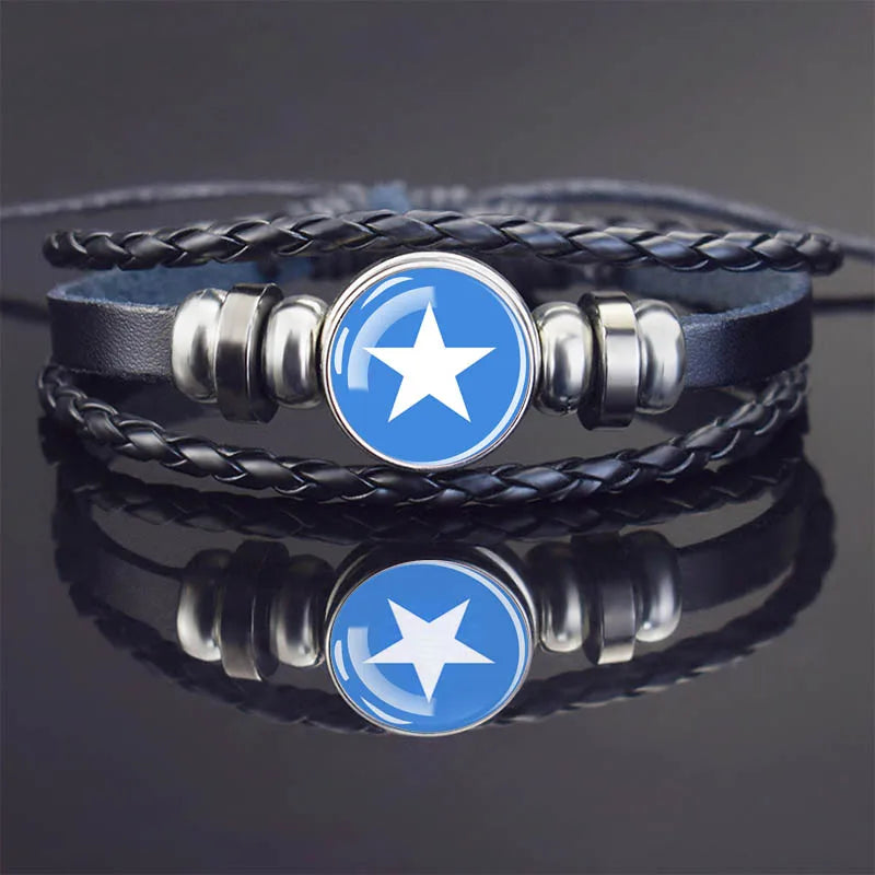Africa Country Flag Bracelets Men Women Algeria Sudan Tunisia Morocco Flag Glass Dome Black Leather Charm Bangles Punk Jewelry