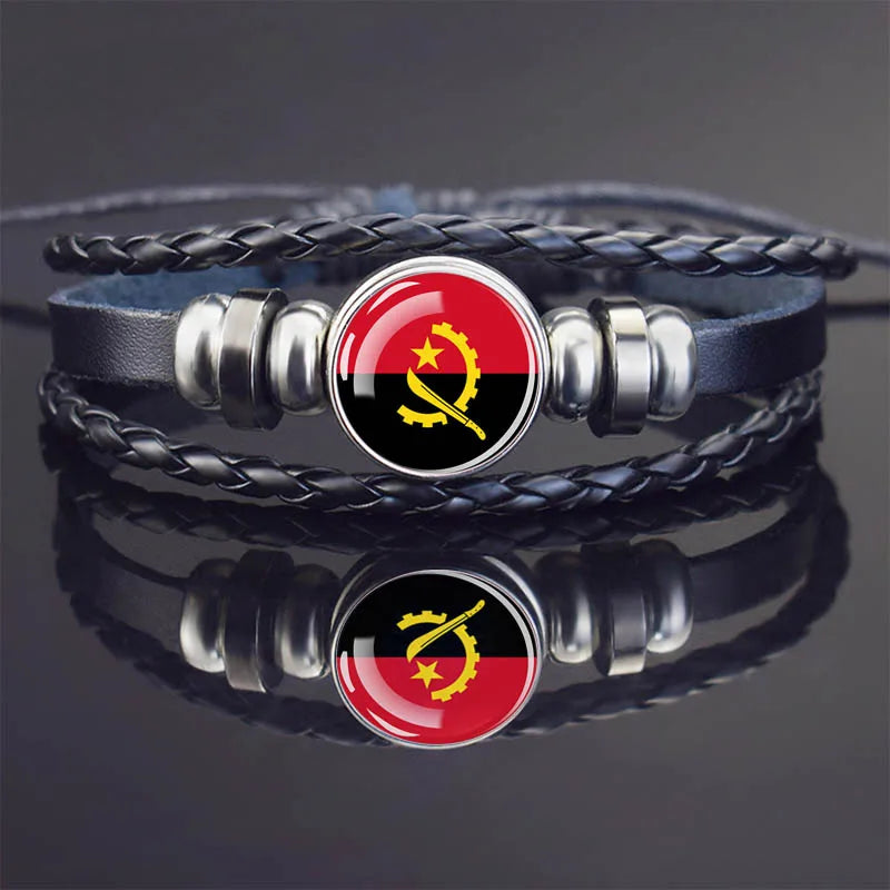 Africa Country Flag Bracelets Men Women Algeria Sudan Tunisia Morocco Flag Glass Dome Black Leather Charm Bangles Punk Jewelry