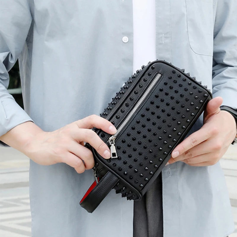 Men Clutch Bag Fashion Personalized Rivet Design HighQuality Leather Waterproof Wallet Versatile Contrast Color Simple ZipperBag