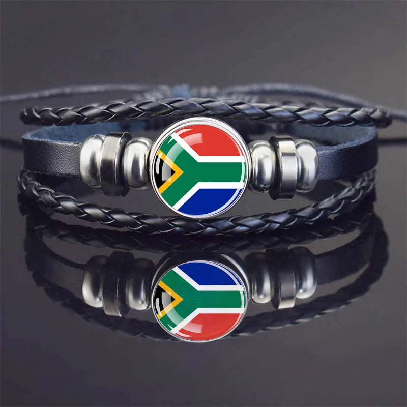 Africa Country Flag Bracelets Men Women Algeria Sudan Tunisia Morocco Flag Glass Dome Black Leather Charm Bangles Punk Jewelry