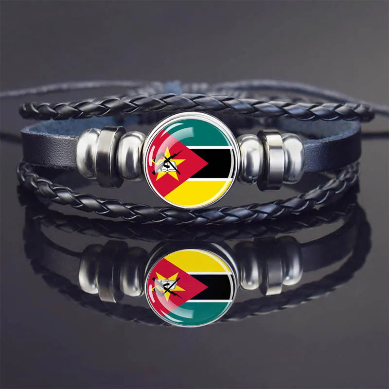 Africa Country Flag Bracelets Men Women Algeria Sudan Tunisia Morocco Flag Glass Dome Black Leather Charm Bangles Punk Jewelry