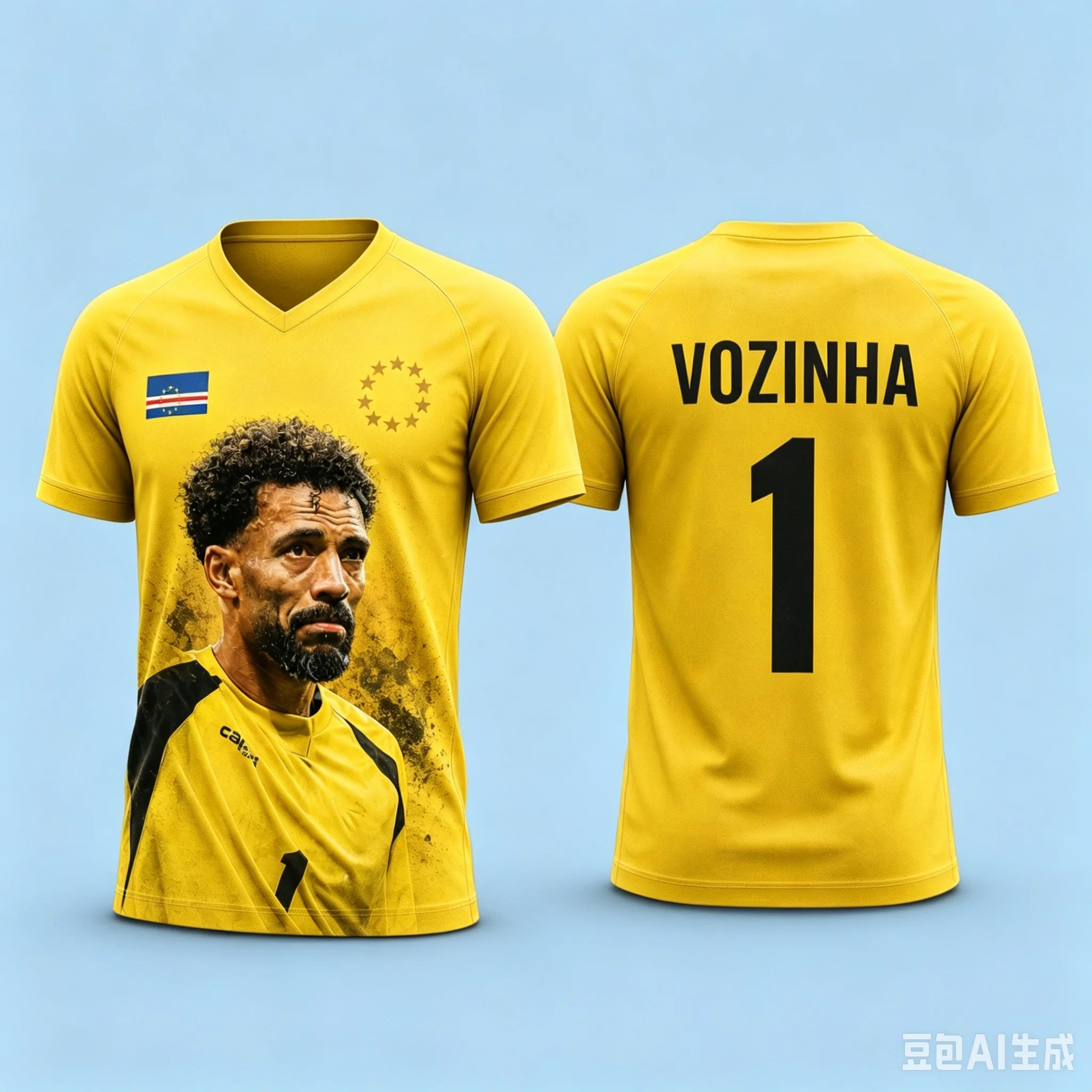 Cape Verde #1 Vozinha Soccer Jersey National Team Yellow Portrait Print Unisex Quick Dry Short Sleeve Football Shirt Fan Sports