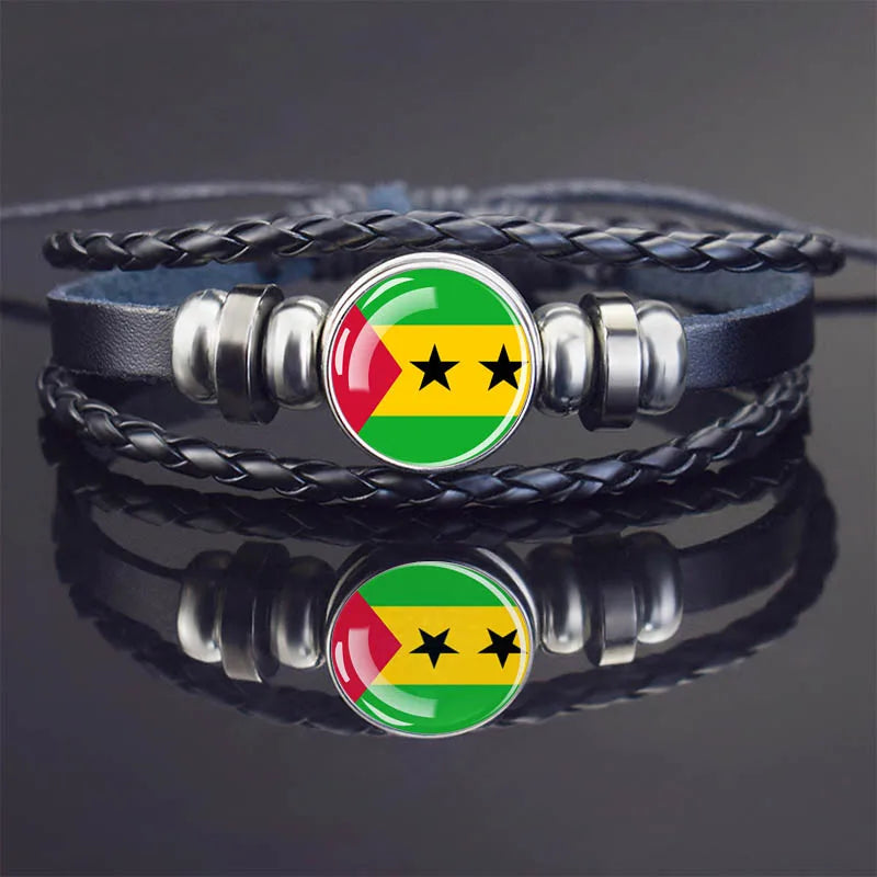 Africa Country Flag Bracelets Men Women Algeria Sudan Tunisia Morocco Flag Glass Dome Black Leather Charm Bangles Punk Jewelry