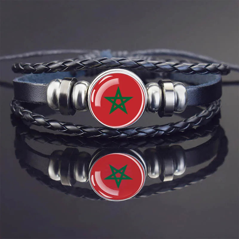 Africa Country Flag Bracelets Men Women Algeria Sudan Tunisia Morocco Flag Glass Dome Black Leather Charm Bangles Punk Jewelry