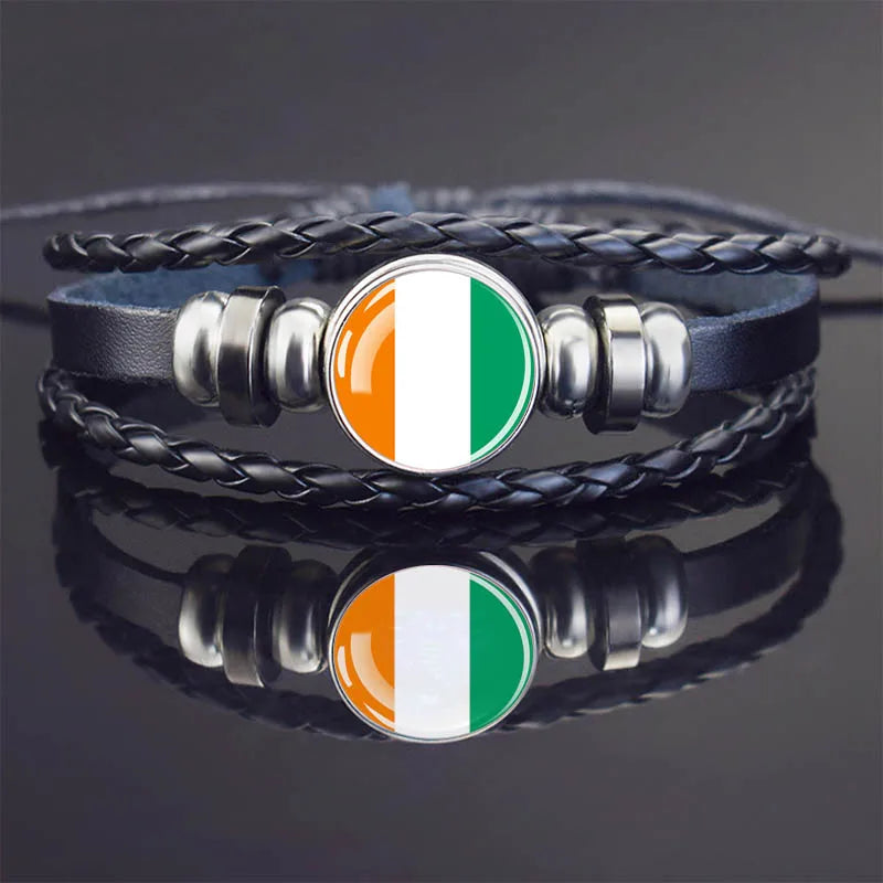 Africa Country Flag Bracelets Men Women Algeria Sudan Tunisia Morocco Flag Glass Dome Black Leather Charm Bangles Punk Jewelry