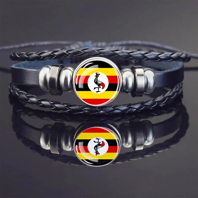 Africa Country Flag Bracelets Men Women Algeria Sudan Tunisia Morocco Flag Glass Dome Black Leather Charm Bangles Punk Jewelry