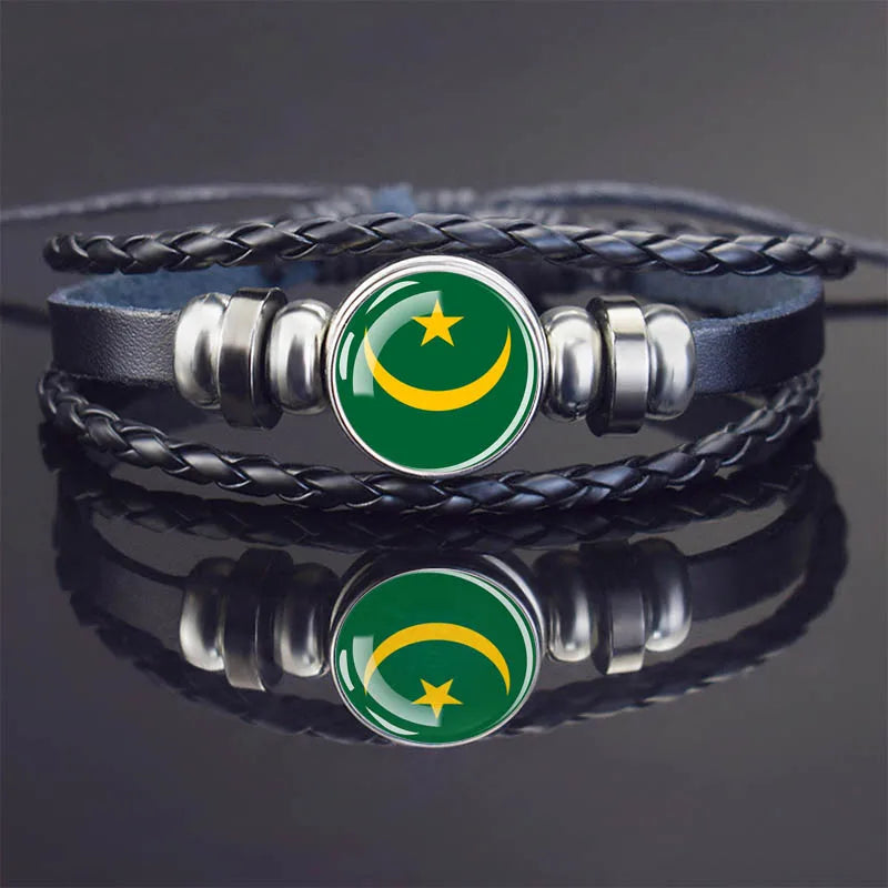 Africa Country Flag Bracelets Men Women Algeria Sudan Tunisia Morocco Flag Glass Dome Black Leather Charm Bangles Punk Jewelry