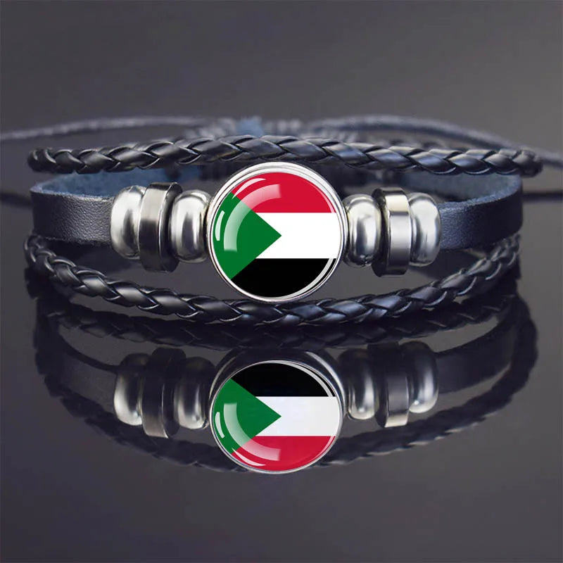 Africa Country Flag Bracelets Men Women Algeria Sudan Tunisia Morocco Flag Glass Dome Black Leather Charm Bangles Punk Jewelry