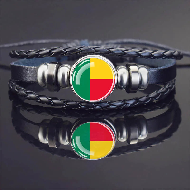 Africa Country Flag Bracelets Men Women Algeria Sudan Tunisia Morocco Flag Glass Dome Black Leather Charm Bangles Punk Jewelry