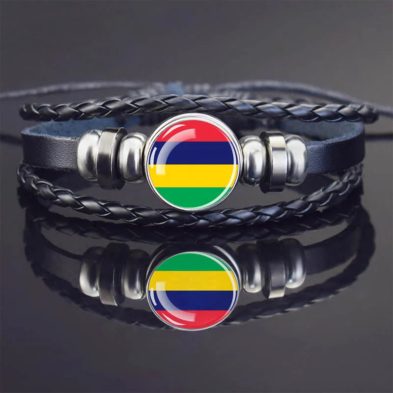 Africa Country Flag Bracelets Men Women Algeria Sudan Tunisia Morocco Flag Glass Dome Black Leather Charm Bangles Punk Jewelry