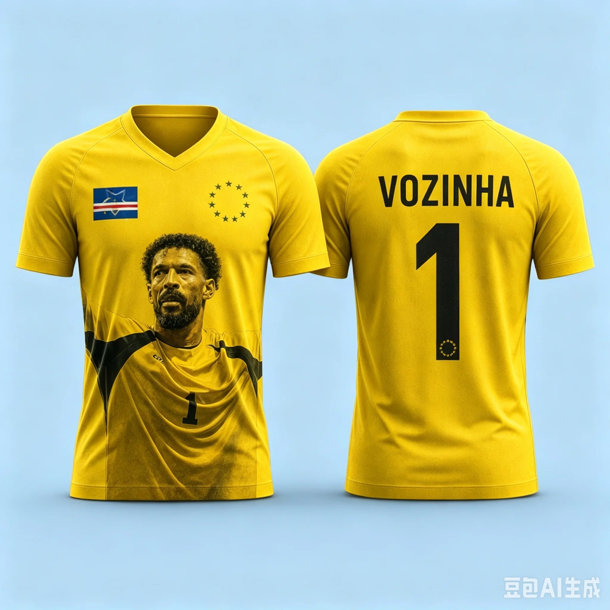 Cape Verde #1 Vozinha Soccer Jersey National Team Yellow Portrait Print Unisex Quick Dry Short Sleeve Football Shirt Fan Sports