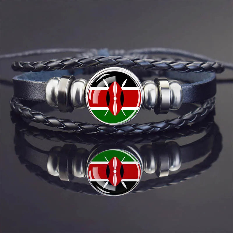Africa Country Flag Bracelets Men Women Algeria Sudan Tunisia Morocco Flag Glass Dome Black Leather Charm Bangles Punk Jewelry