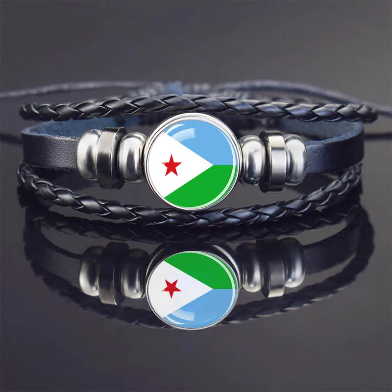 Africa Country Flag Bracelets Men Women Algeria Sudan Tunisia Morocco Flag Glass Dome Black Leather Charm Bangles Punk Jewelry