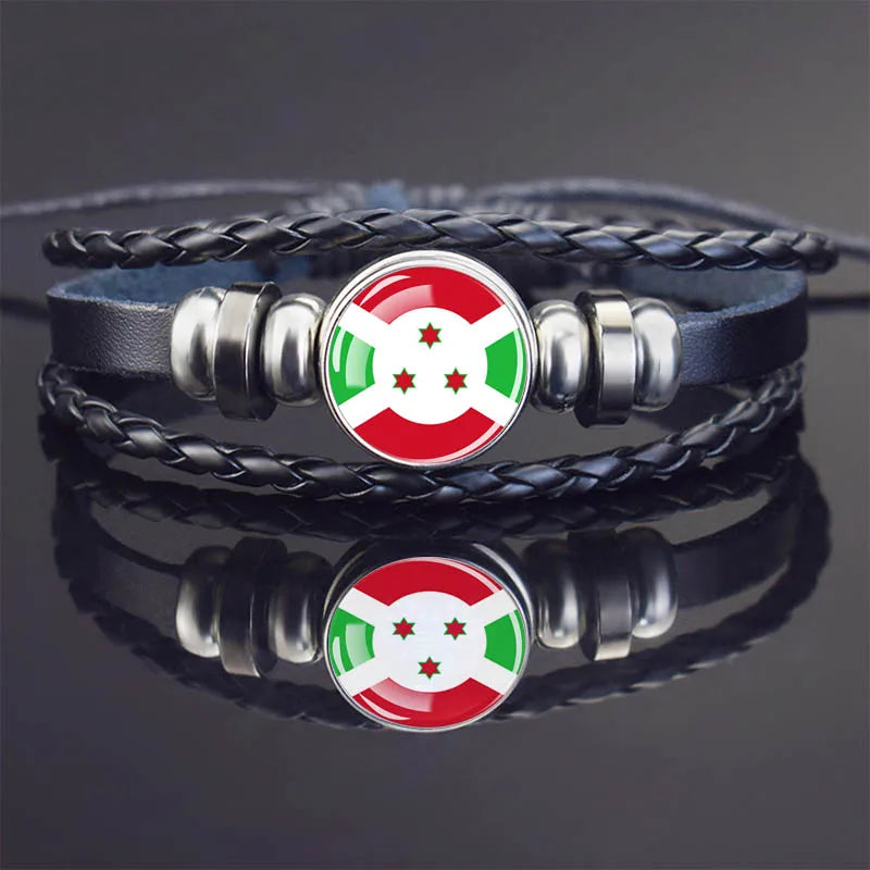Africa Country Flag Bracelets Men Women Algeria Sudan Tunisia Morocco Flag Glass Dome Black Leather Charm Bangles Punk Jewelry