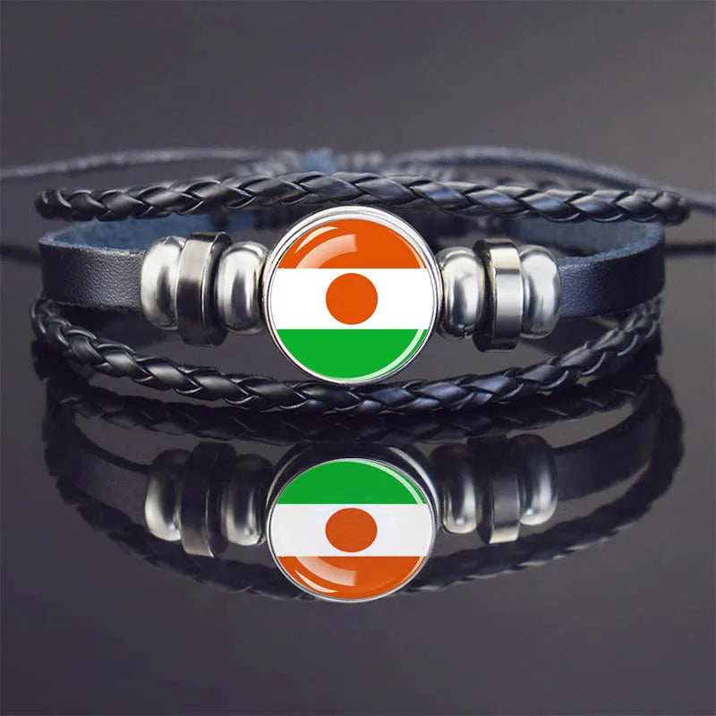 Africa Country Flag Bracelets Men Women Algeria Sudan Tunisia Morocco Flag Glass Dome Black Leather Charm Bangles Punk Jewelry