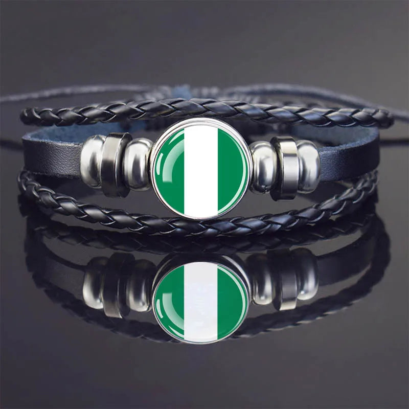 Africa Country Flag Bracelets Men Women Algeria Sudan Tunisia Morocco Flag Glass Dome Black Leather Charm Bangles Punk Jewelry