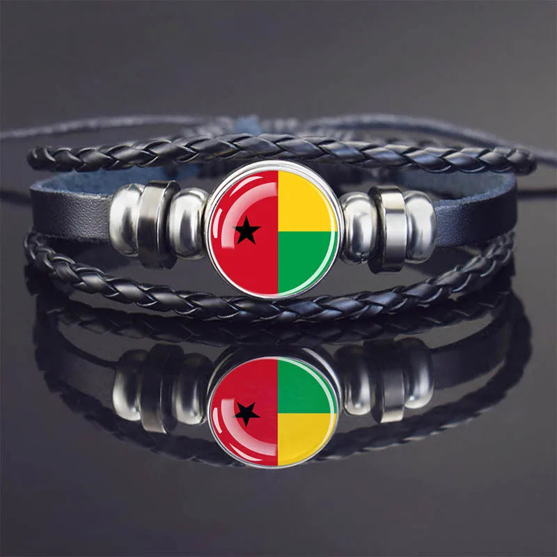 Africa Country Flag Bracelets Men Women Algeria Sudan Tunisia Morocco Flag Glass Dome Black Leather Charm Bangles Punk Jewelry