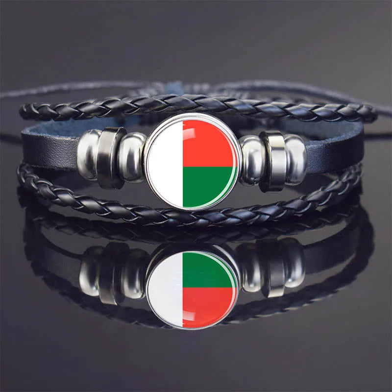 Africa Country Flag Bracelets Men Women Algeria Sudan Tunisia Morocco Flag Glass Dome Black Leather Charm Bangles Punk Jewelry