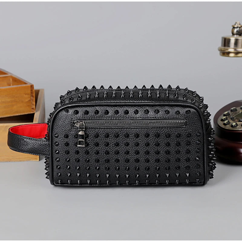Men Clutch Bag Fashion Personalized Rivet Design HighQuality Leather Waterproof Wallet Versatile Contrast Color Simple ZipperBag