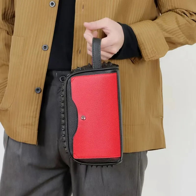 Men Clutch Bag Fashion Personalized Rivet Design HighQuality Leather Waterproof Wallet Versatile Contrast Color Simple ZipperBag