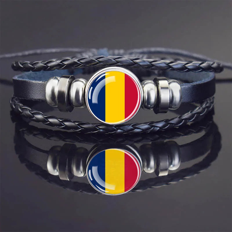 Africa Country Flag Bracelets Men Women Algeria Sudan Tunisia Morocco Flag Glass Dome Black Leather Charm Bangles Punk Jewelry