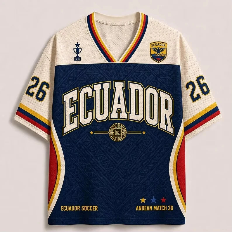 2026 Ecuador Inspired Football Jersey V Neck Breathable Mesh Short Sleeve Sports T Shirt Fan Top Men Women Kids Plus Size