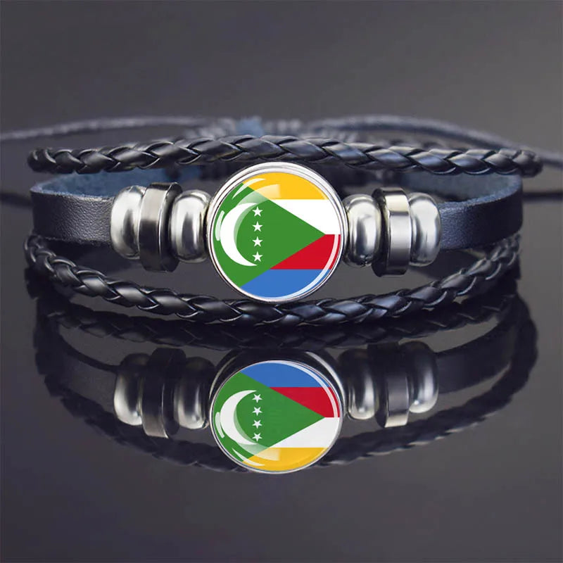 Africa Country Flag Bracelets Men Women Algeria Sudan Tunisia Morocco Flag Glass Dome Black Leather Charm Bangles Punk Jewelry