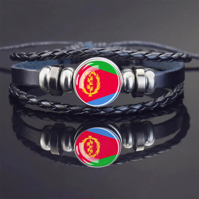 Africa Country Flag Bracelets Men Women Algeria Sudan Tunisia Morocco Flag Glass Dome Black Leather Charm Bangles Punk Jewelry
