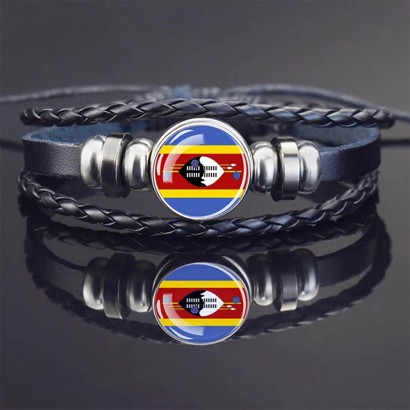 Africa Country Flag Bracelets Men Women Algeria Sudan Tunisia Morocco Flag Glass Dome Black Leather Charm Bangles Punk Jewelry