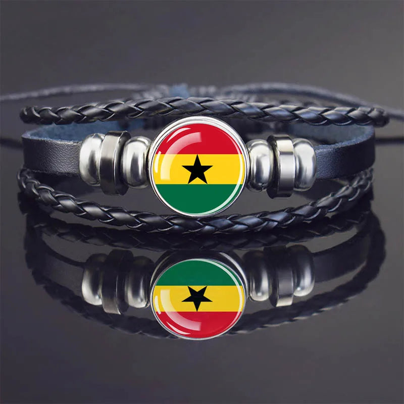 Africa Country Flag Bracelets Men Women Algeria Sudan Tunisia Morocco Flag Glass Dome Black Leather Charm Bangles Punk Jewelry