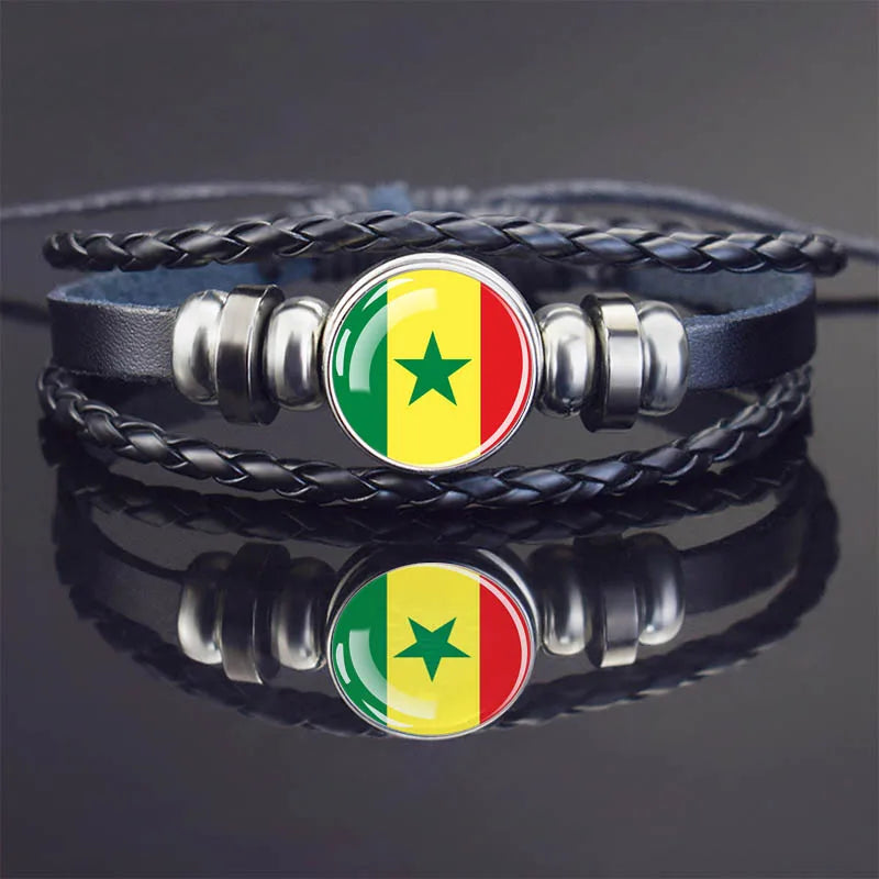 Africa Country Flag Bracelets Men Women Algeria Sudan Tunisia Morocco Flag Glass Dome Black Leather Charm Bangles Punk Jewelry