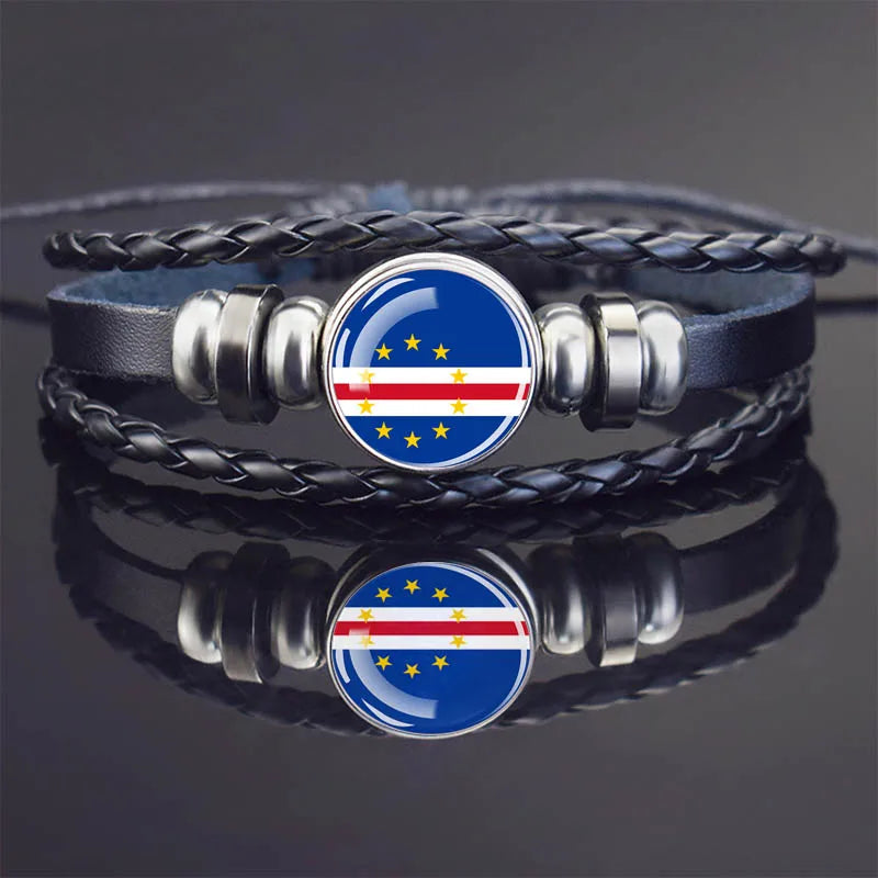 Africa Country Flag Bracelets Men Women Algeria Sudan Tunisia Morocco Flag Glass Dome Black Leather Charm Bangles Punk Jewelry