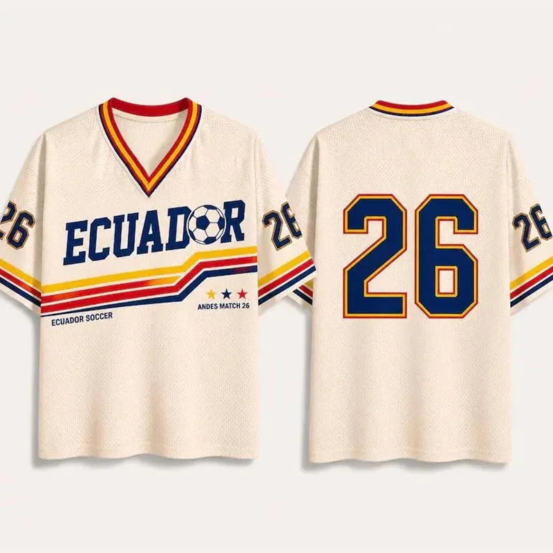 Men Retro Ecuador No.26 Soccer Jersey V Neck Short Sleeve T Shirt Breathable Football Match 26 Uniform Unisex Casual Sports Top