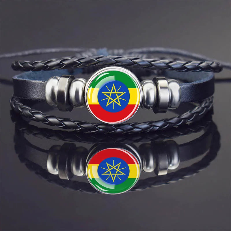 Africa Country Flag Bracelets Men Women Algeria Sudan Tunisia Morocco Flag Glass Dome Black Leather Charm Bangles Punk Jewelry