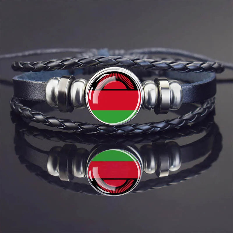 Africa Country Flag Bracelets Men Women Algeria Sudan Tunisia Morocco Flag Glass Dome Black Leather Charm Bangles Punk Jewelry