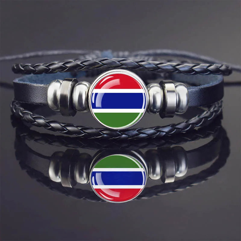 Africa Country Flag Bracelets Men Women Algeria Sudan Tunisia Morocco Flag Glass Dome Black Leather Charm Bangles Punk Jewelry