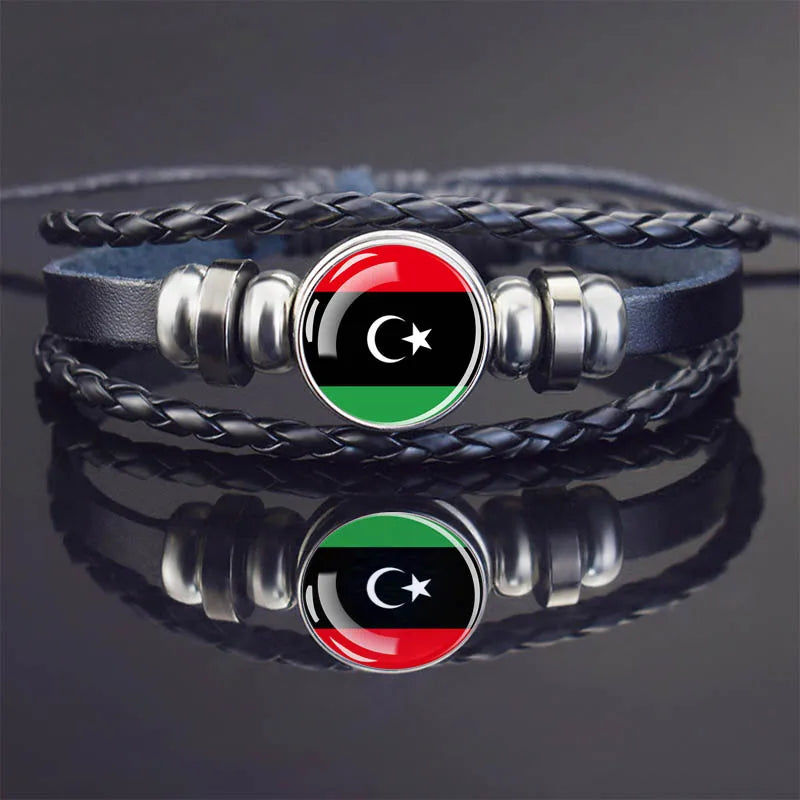 Africa Country Flag Bracelets Men Women Algeria Sudan Tunisia Morocco Flag Glass Dome Black Leather Charm Bangles Punk Jewelry