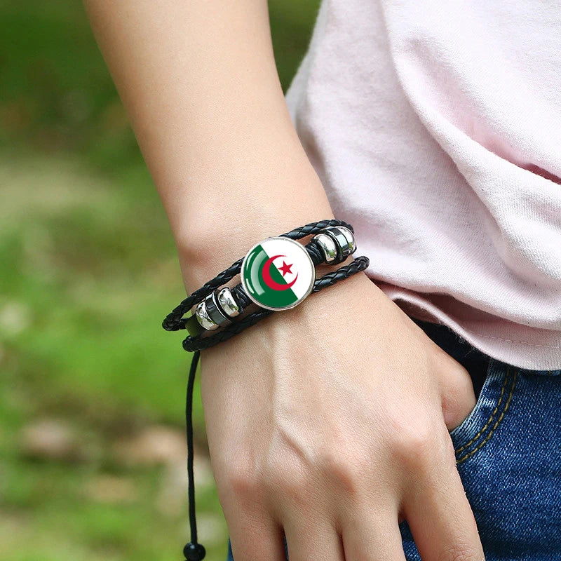 Africa Country Flag Bracelets Men Women Algeria Sudan Tunisia Morocco Flag Glass Dome Black Leather Charm Bangles Punk Jewelry