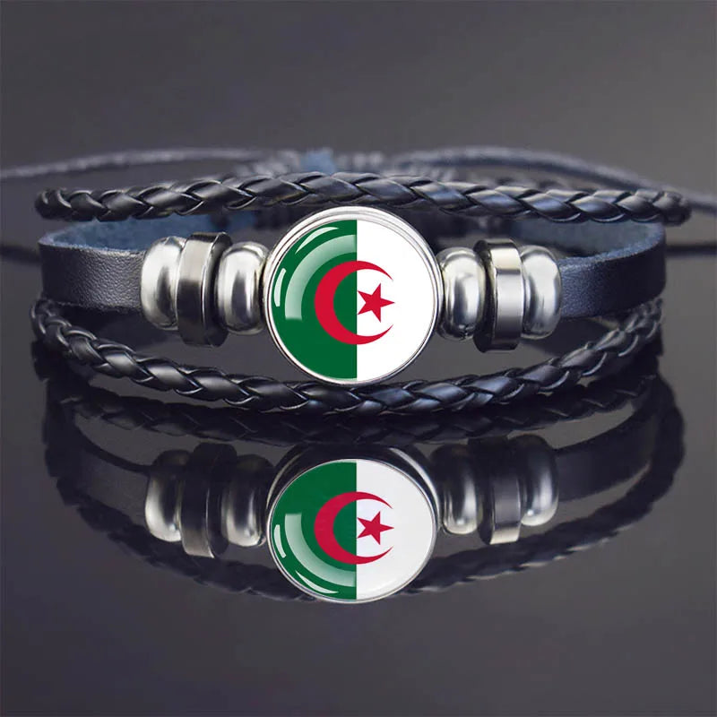 Africa Country Flag Bracelets Men Women Algeria Sudan Tunisia Morocco Flag Glass Dome Black Leather Charm Bangles Punk Jewelry