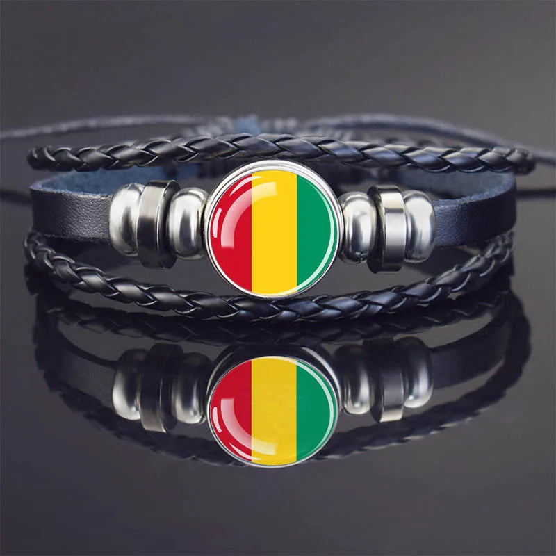 Africa Country Flag Bracelets Men Women Algeria Sudan Tunisia Morocco Flag Glass Dome Black Leather Charm Bangles Punk Jewelry
