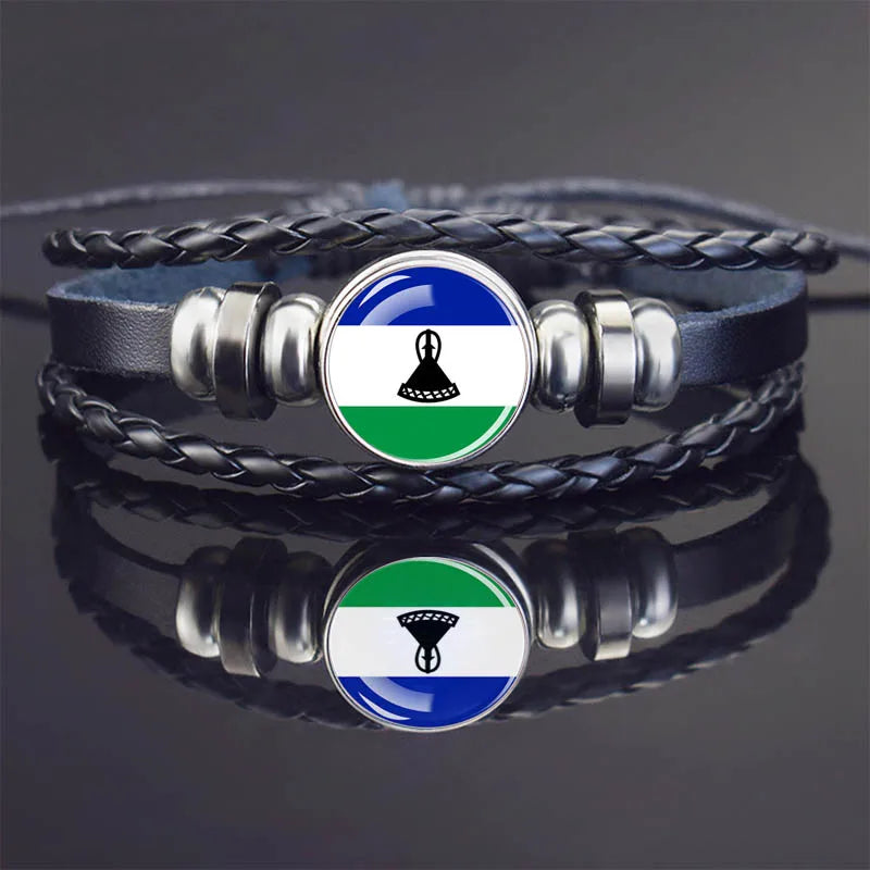 Africa Country Flag Bracelets Men Women Algeria Sudan Tunisia Morocco Flag Glass Dome Black Leather Charm Bangles Punk Jewelry
