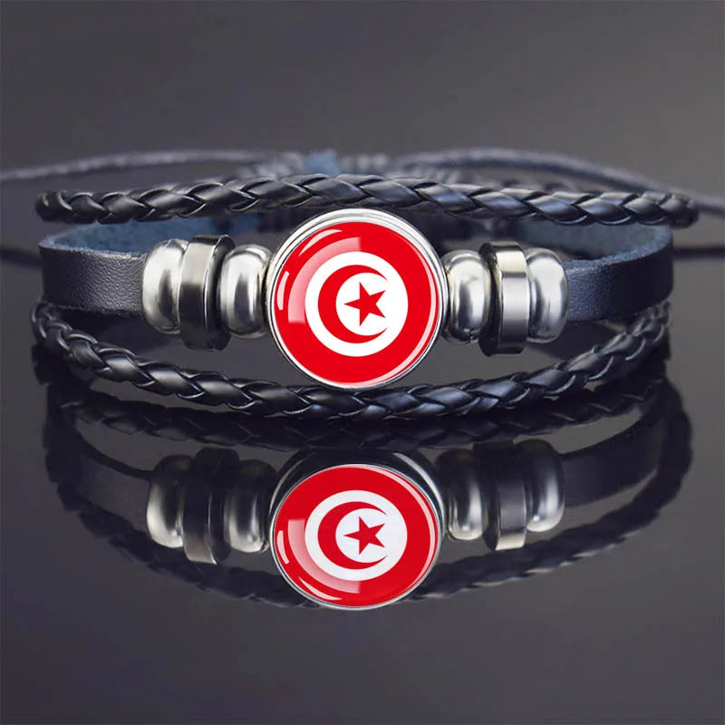 Africa Country Flag Bracelets Men Women Algeria Sudan Tunisia Morocco Flag Glass Dome Black Leather Charm Bangles Punk Jewelry