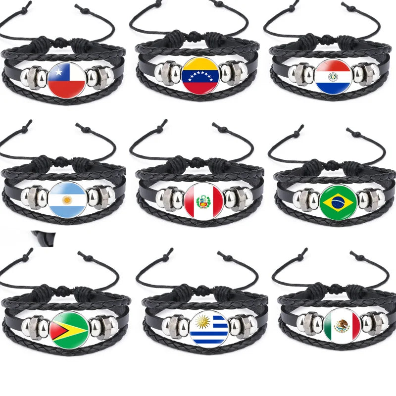 2024 South American Flag Bracelet for Men Venezuela Chile Argentina Bolivia Colombia Peru Brazil Charm Leather Multilayer Bangle