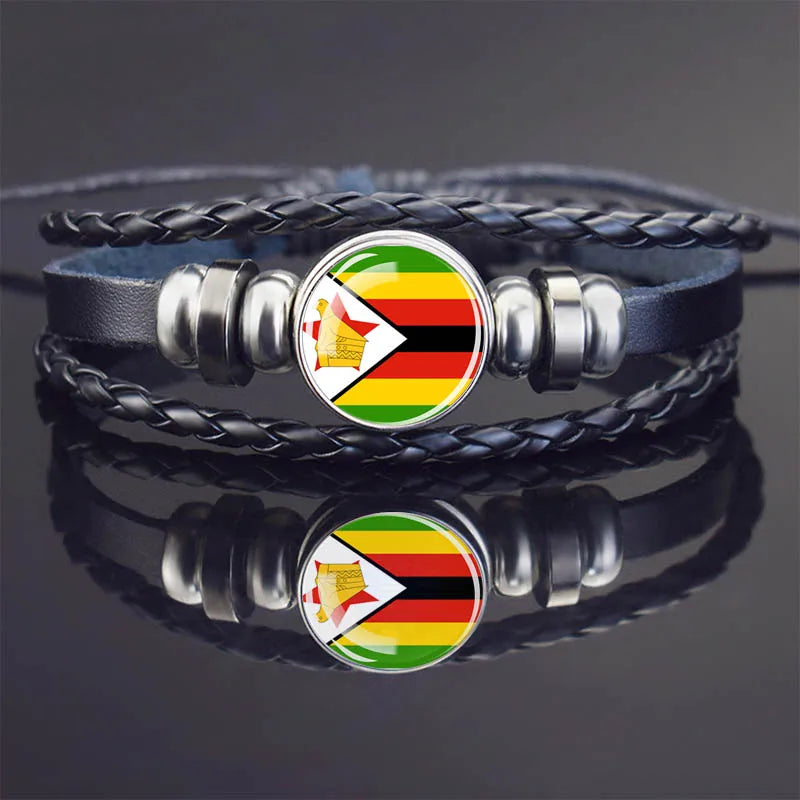 Africa Country Flag Bracelets Men Women Algeria Sudan Tunisia Morocco Flag Glass Dome Black Leather Charm Bangles Punk Jewelry