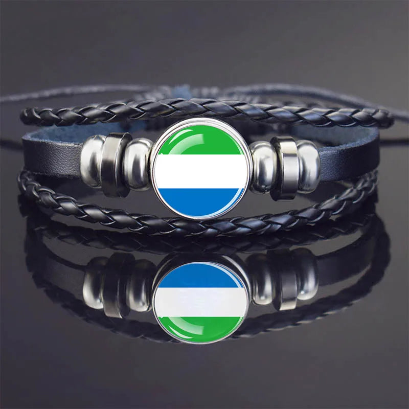 Africa Country Flag Bracelets Men Women Algeria Sudan Tunisia Morocco Flag Glass Dome Black Leather Charm Bangles Punk Jewelry