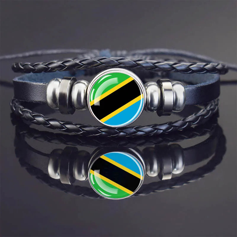 Africa Country Flag Bracelets Men Women Algeria Sudan Tunisia Morocco Flag Glass Dome Black Leather Charm Bangles Punk Jewelry