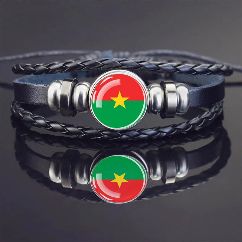 Africa Country Flag Bracelets Men Women Algeria Sudan Tunisia Morocco Flag Glass Dome Black Leather Charm Bangles Punk Jewelry