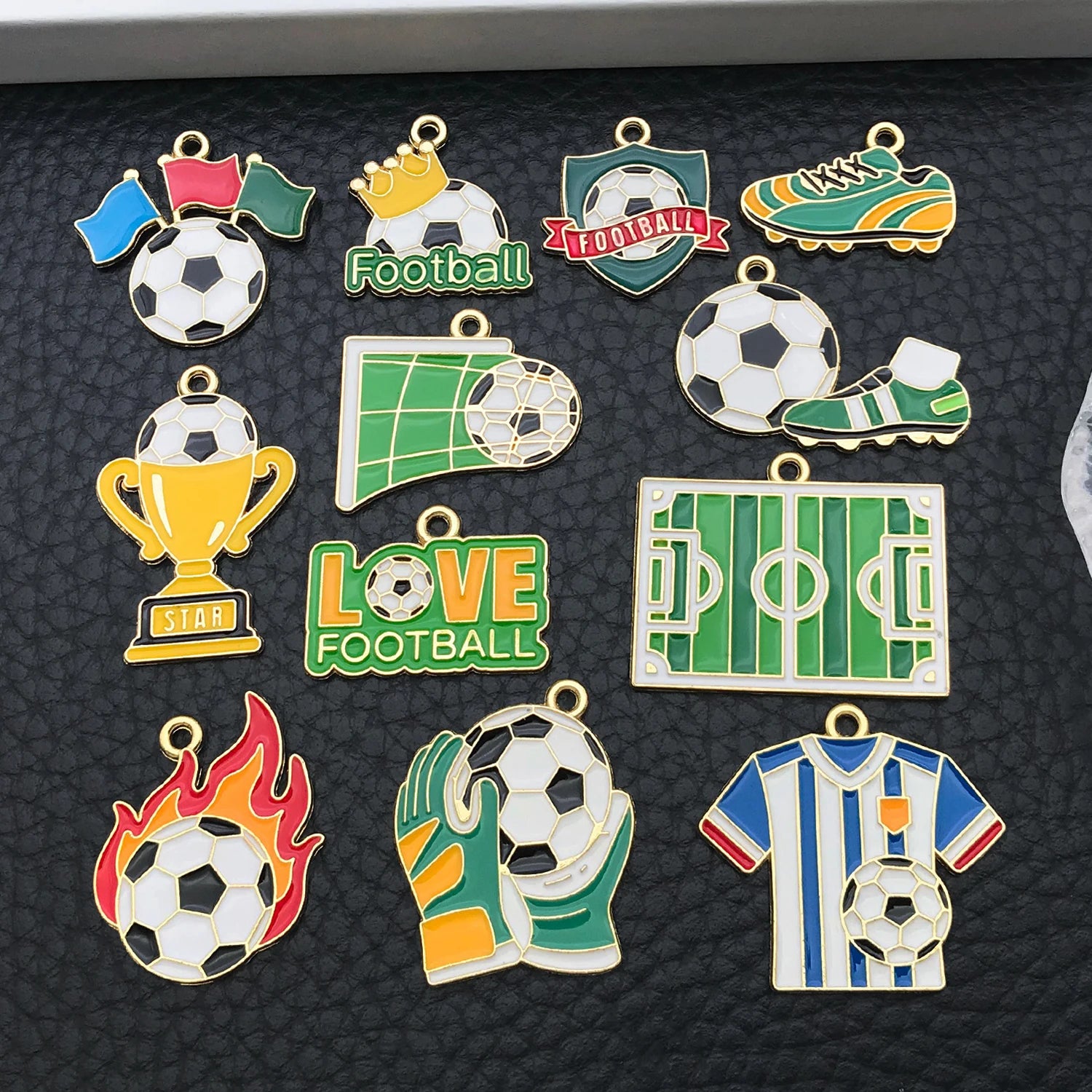 12Pcs Soccer Themed Charms Assortment Enamel Football Pendants for Bracelet Earring Craft